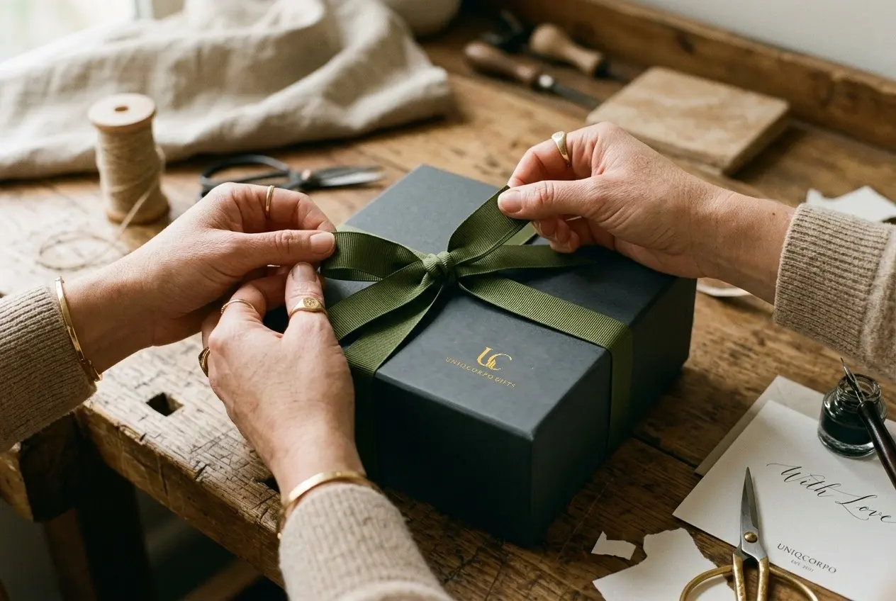 Artisan carefully tying ribbon on a UNIQCORPO luxury gift box