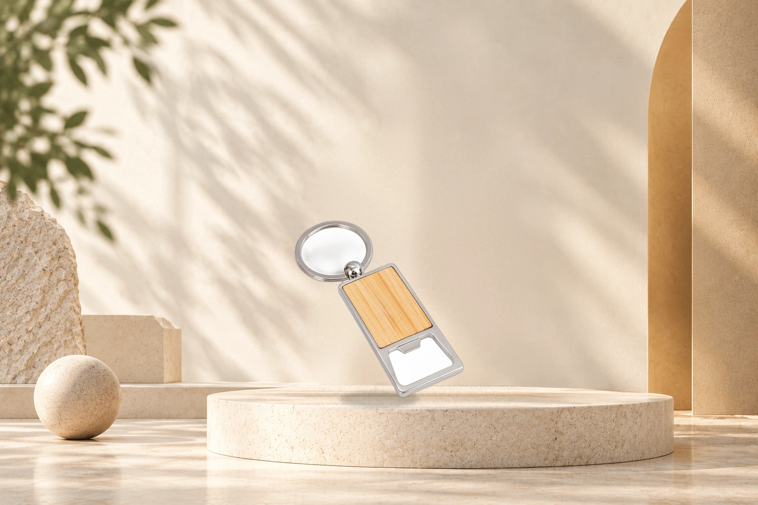 Eco Bamboo Keychain with Integrated Steel Bottle Opener - Natural Bamboo & Stainless Steel
