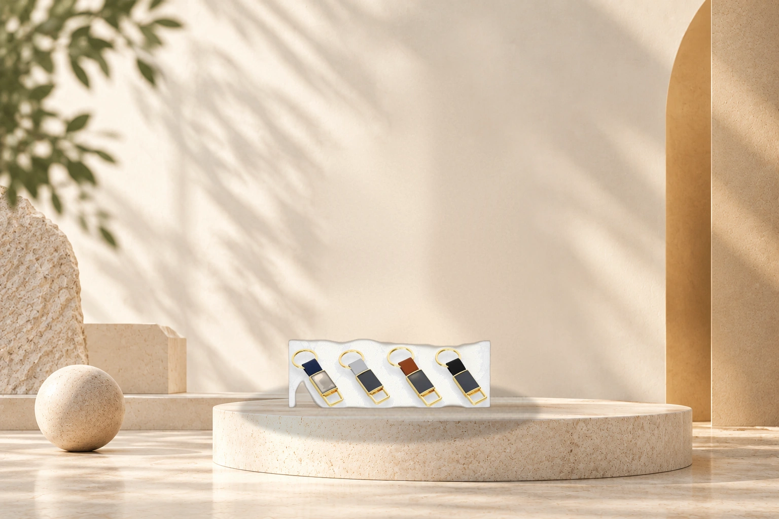 Executive 2-Tone Metal & Stitched Leatherette Key Ring Collection - Model 7032 (Blue Gold, Grey Gold, Tan Gold, Black Gold)