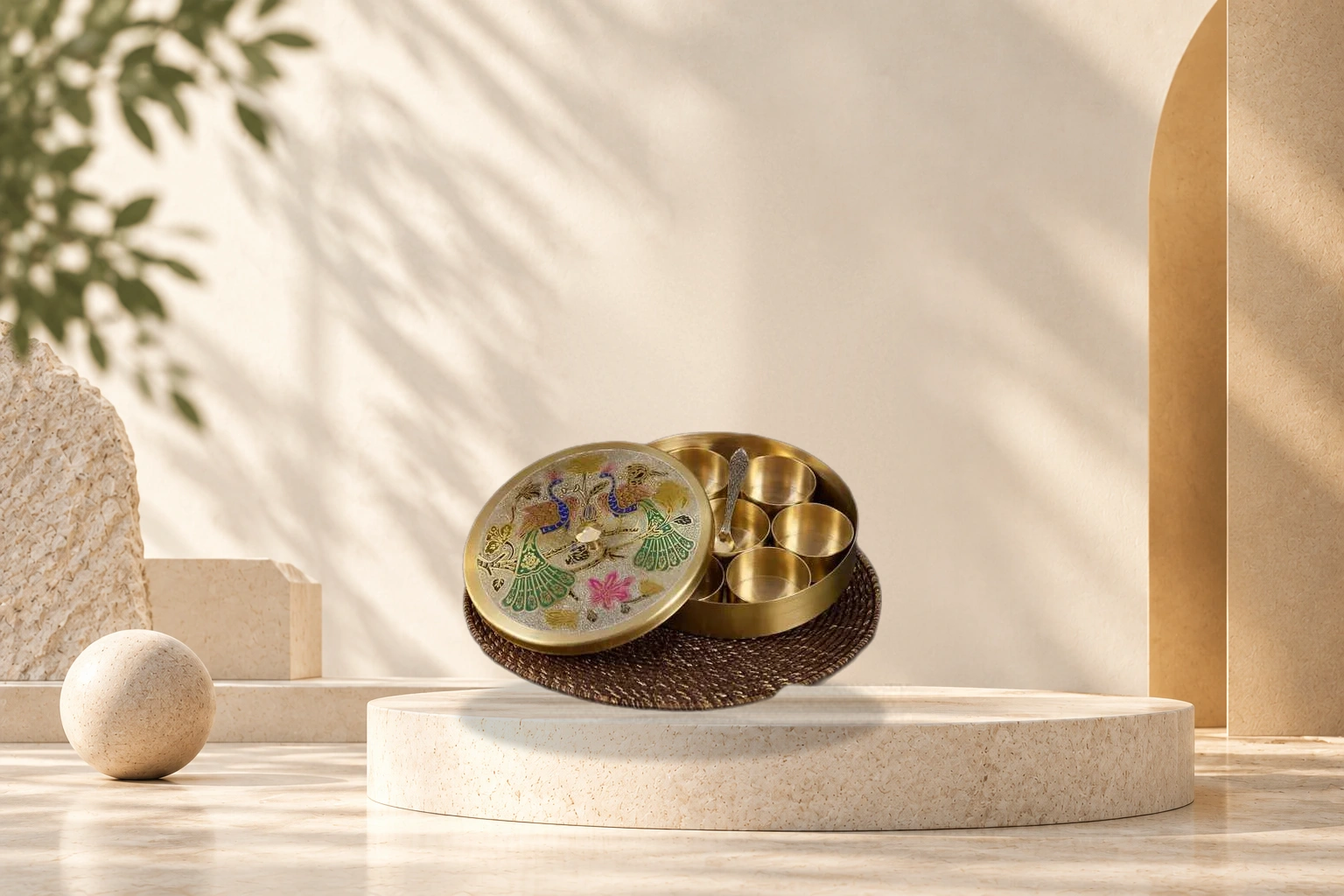 Handcrafted brass peacock Meenakari spice and dry fruit box on podium