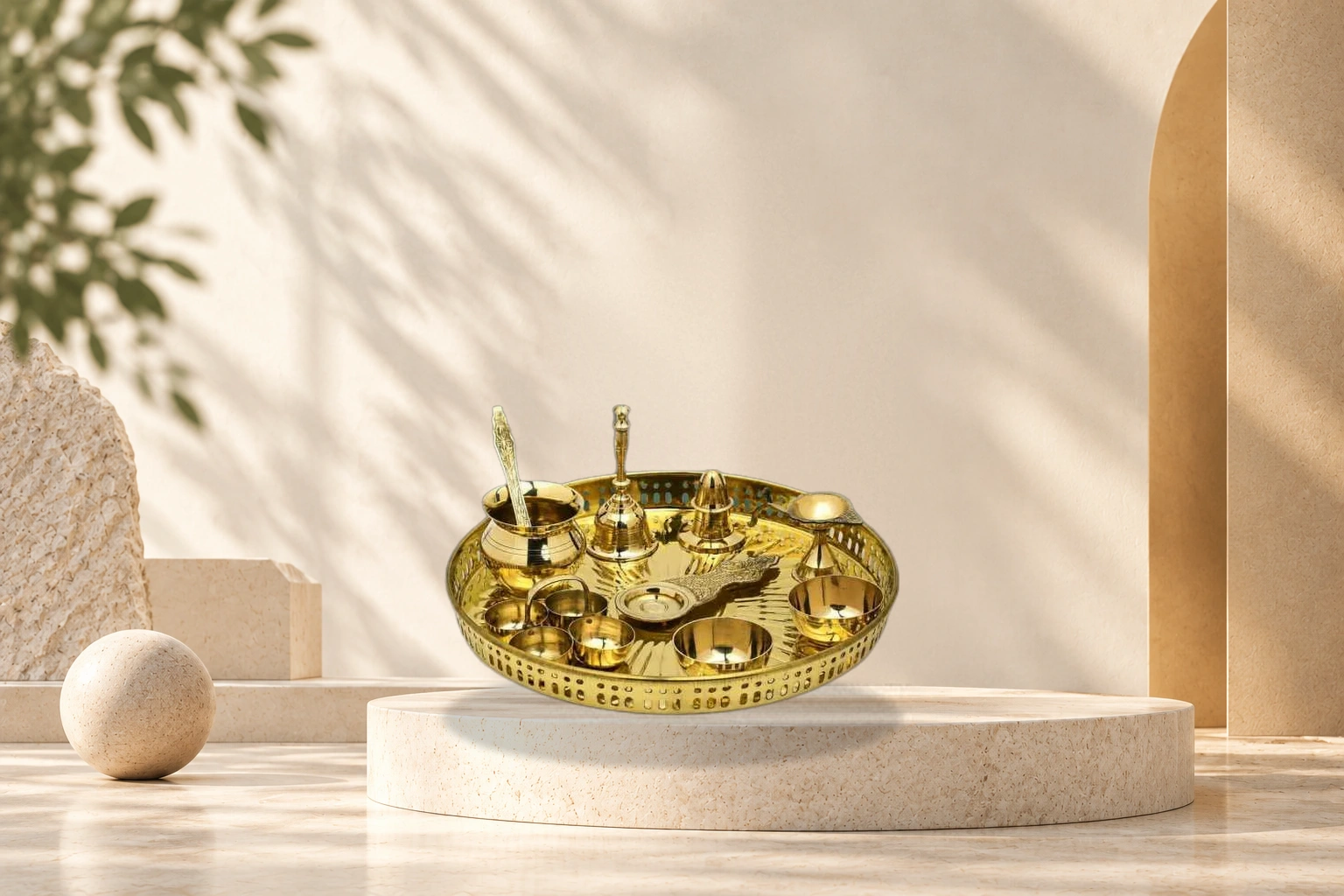 Royal Pure Brass 11-Piece Aarti & Festive Puja Thali Set - Full 11-Piece Brass Set