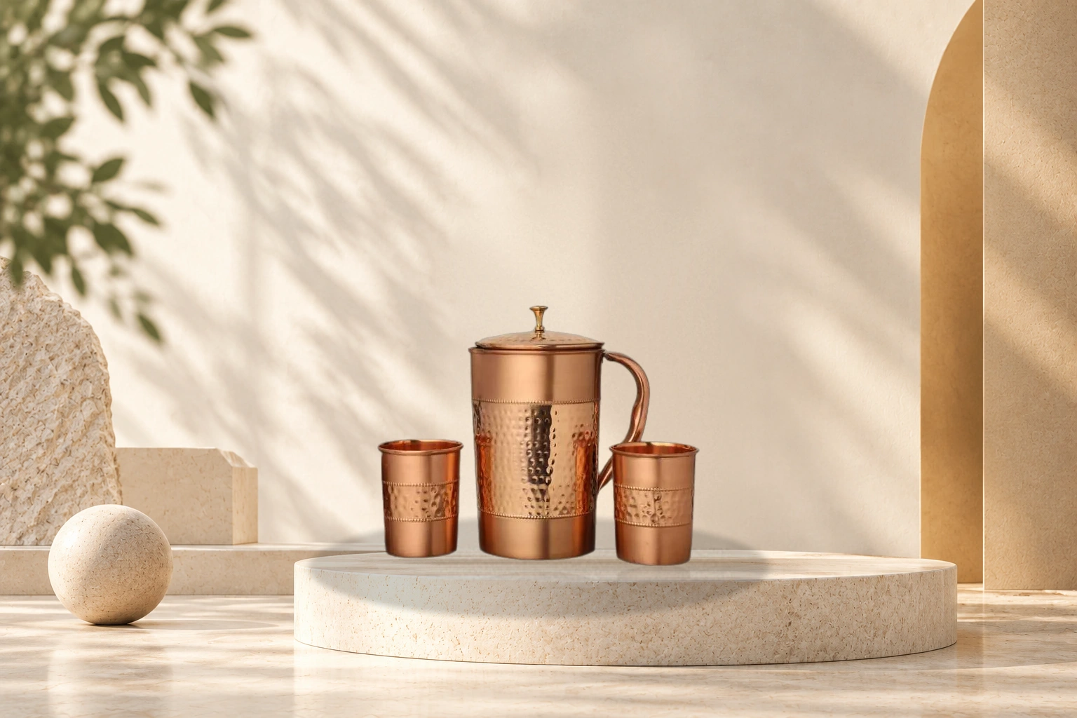 Heirloom Pure Copper Hand-Hammered Water Pitcher & Tumbler Duo - Hammered Pitcher + 2 Tumblers