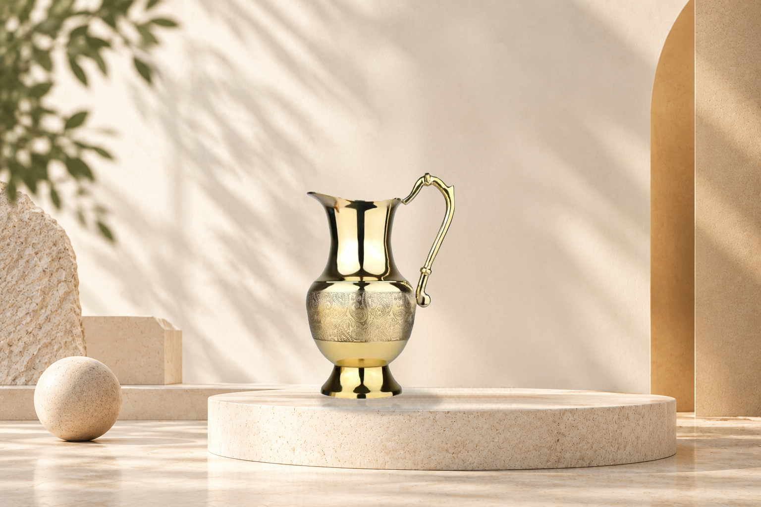 Royal Hand-Etched Brass & Copper Surahi Pitcher Ewer - Golden Brass Surahi
