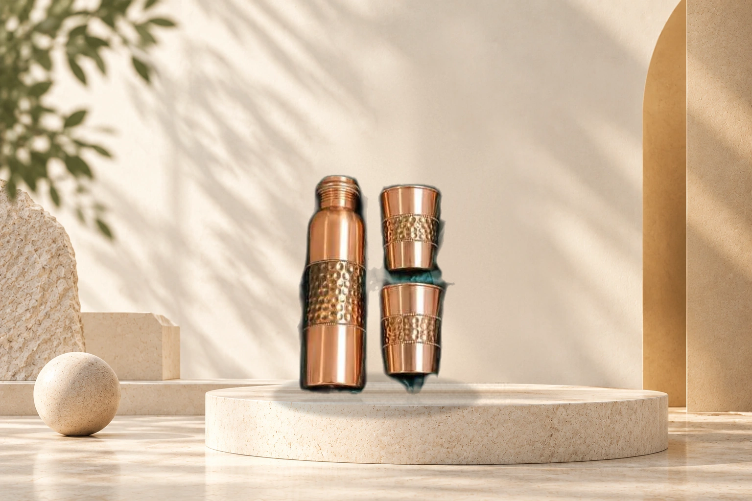 Velvet Boxed Royal Copper Ayurvedic Bottle & Tumblers Hamper - Hammered Copper Hamper
