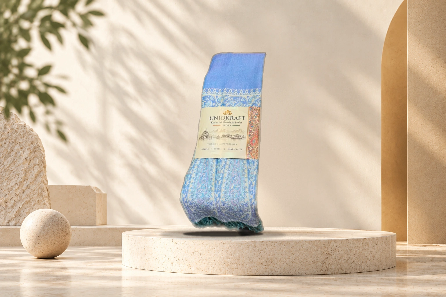 The Royal Kani Pashmina Shawl with Wooden Tujis Weave - Royal Sky Blue Kani Weave