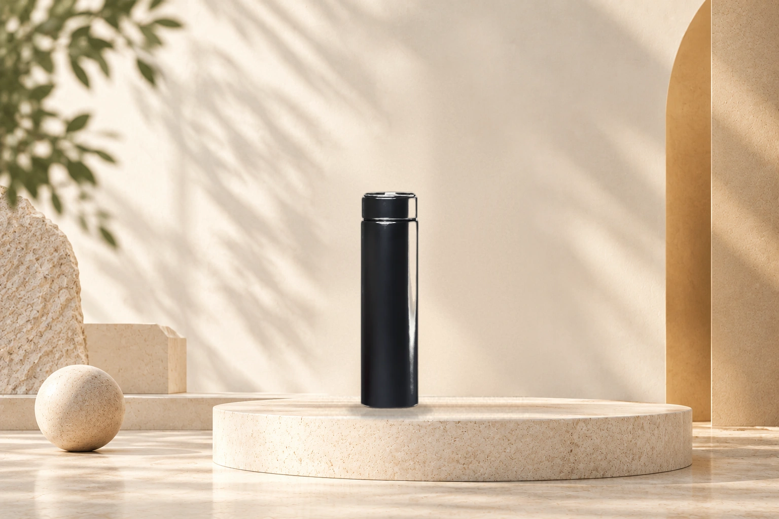 Smart LED temperature vacuum flask on concrete podium