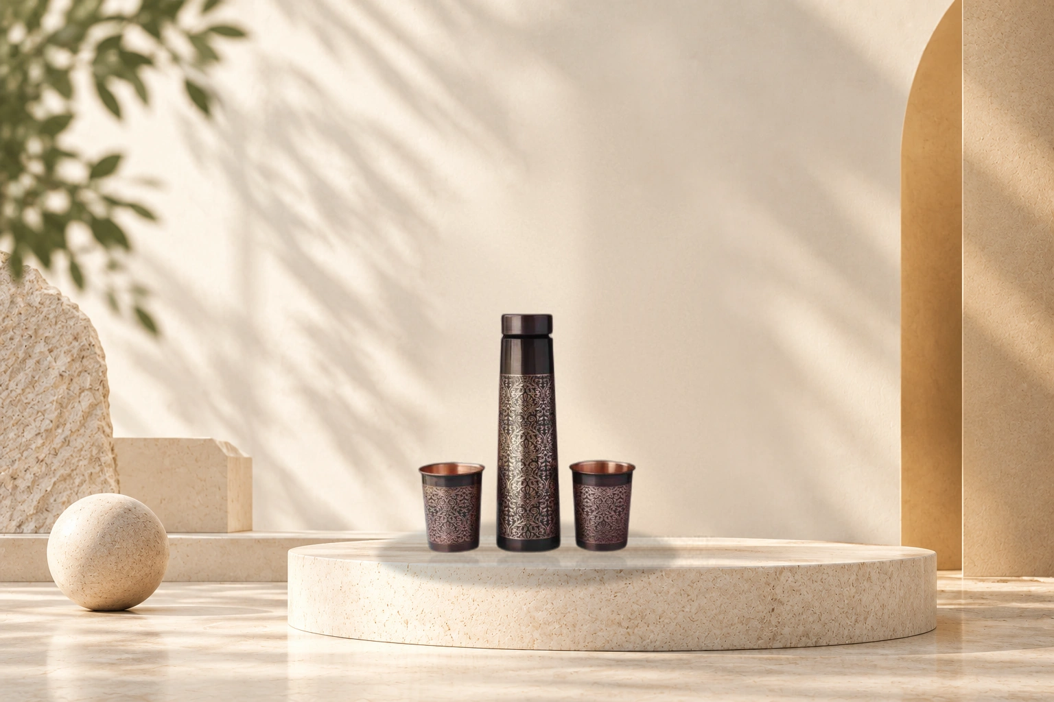 Pure Copper Ayurvedic Bottle & Tumbler Set - Bottle + 275ml Tumbler Pair (AICB02)