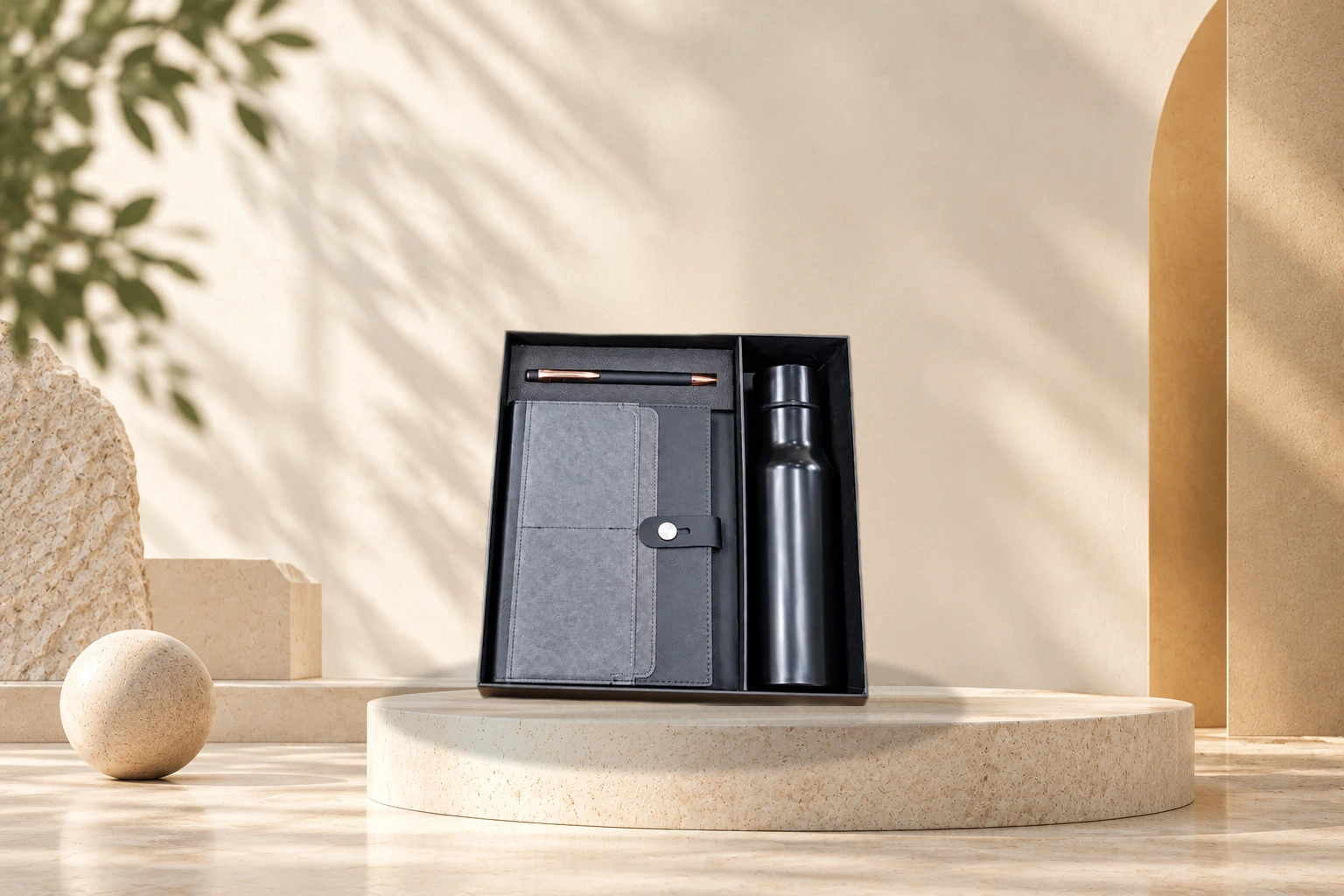 Curated corporate executive gift box on podium
