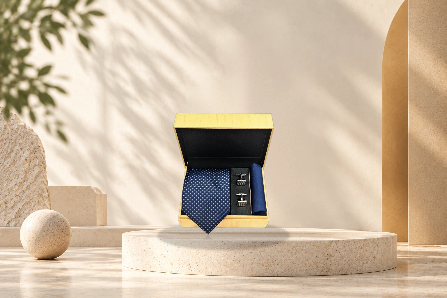 Satya Paul Luxury Heritage Silk Tie & Accessories Gift Box - 3-Piece Wooden Box Set (Navy Tie & Cufflinks)