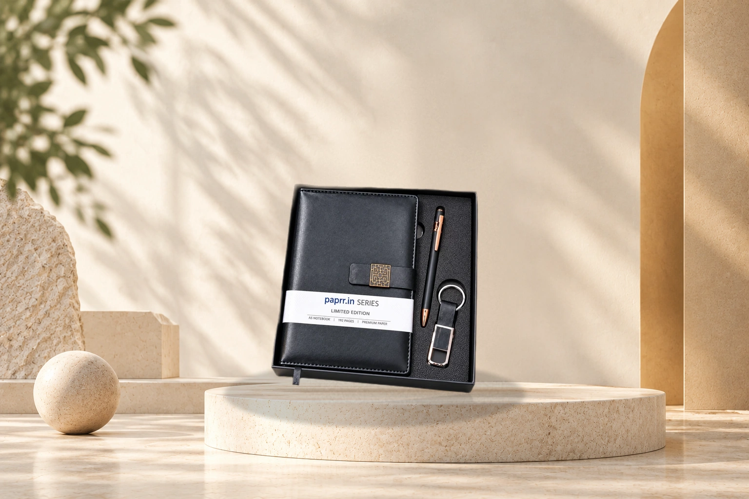 Executive 3-Piece Onboarding Combo (Notebook + Metal Pen + Key Loop) - Executive Matte Black & Gold