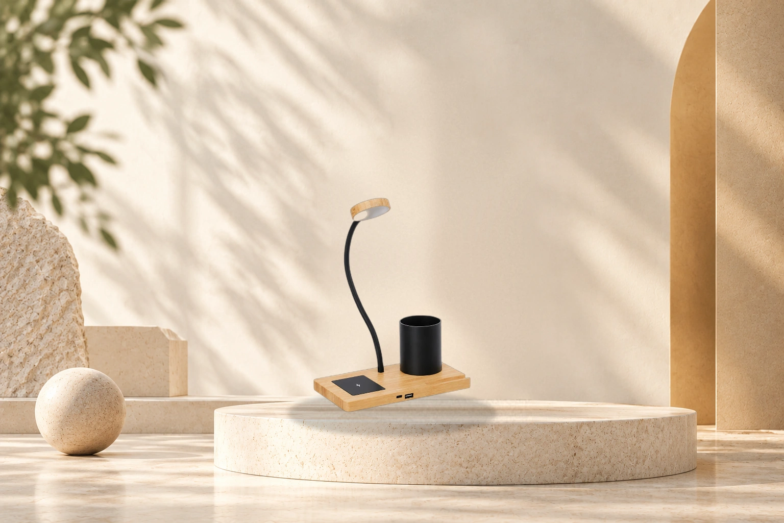 Executive Tech 4-in-1 Desk Station (Lamp + Speaker + Wireless Charger) - Model 3010 (Bamboo & Matte Black Desk Cube)