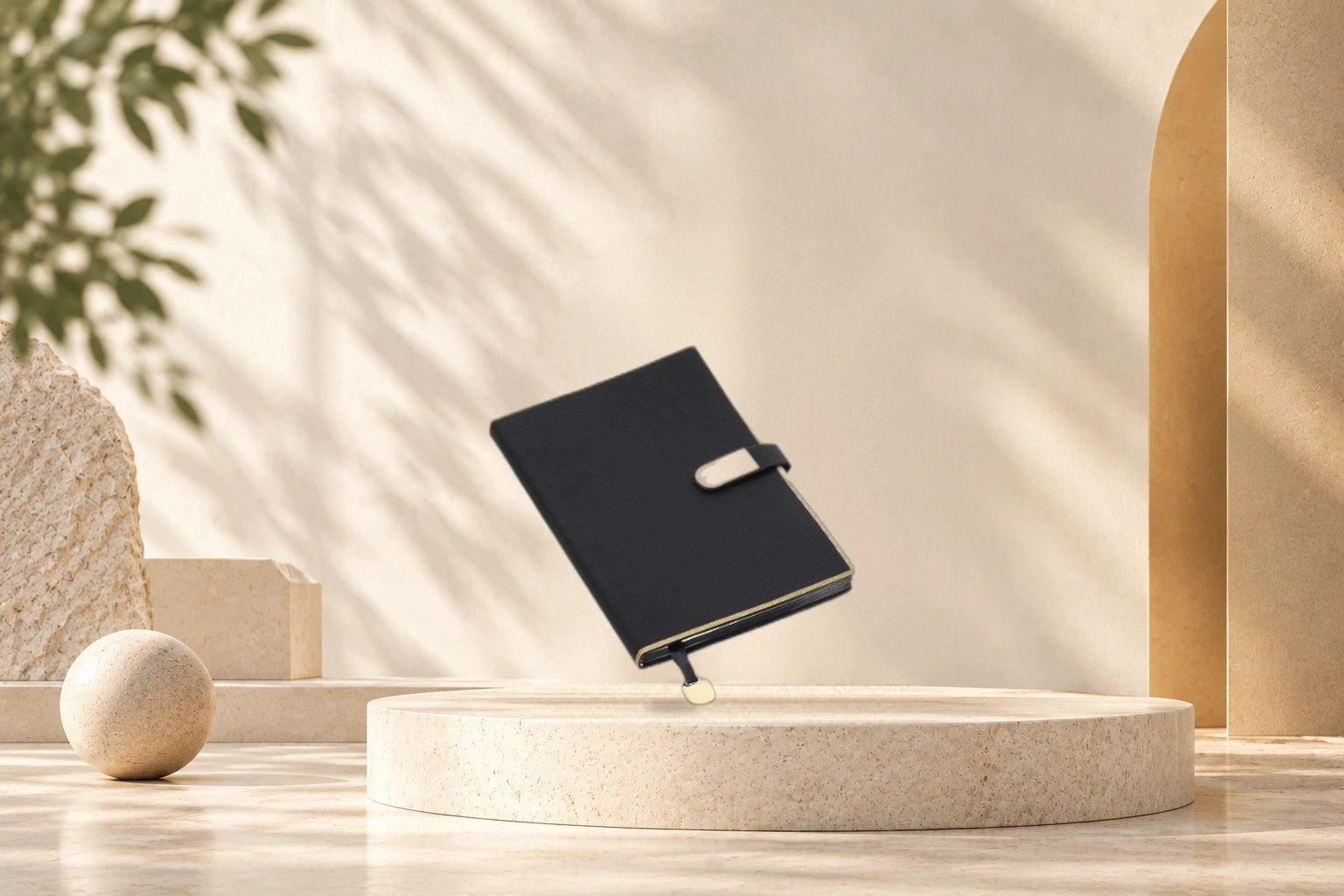 Hardcover executive journal and luxury pen on podium