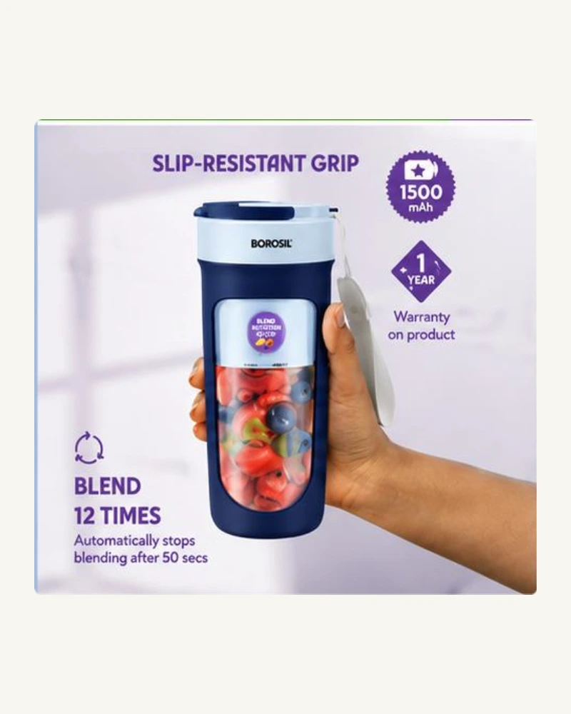 Borosil Nutrigrip Portable USB Rechargeable On-The-Go Blender - Nutrigrip Portable Blue (USB-C Rechargeable)